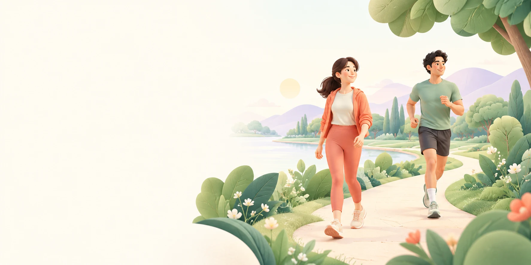 明るい公園でウォーキングとランニングを楽しむ人のイラスト