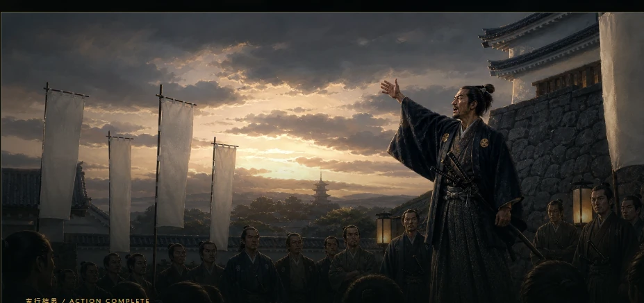 城下で志士たちを率いる幕末風雲記の情景