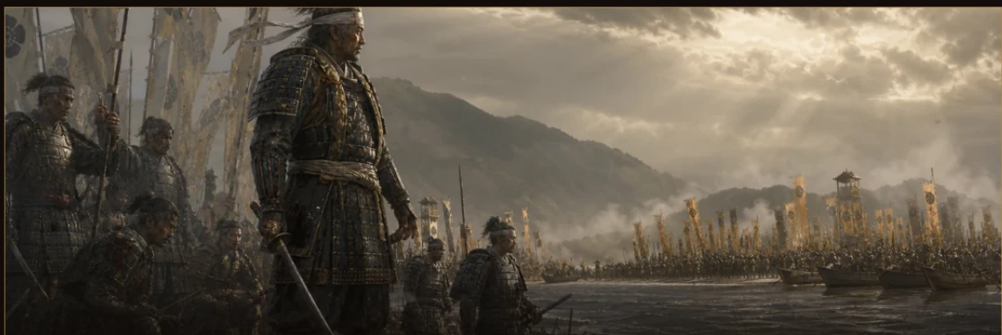 旗を掲げた武士たちが集う太平風雲記の情景
