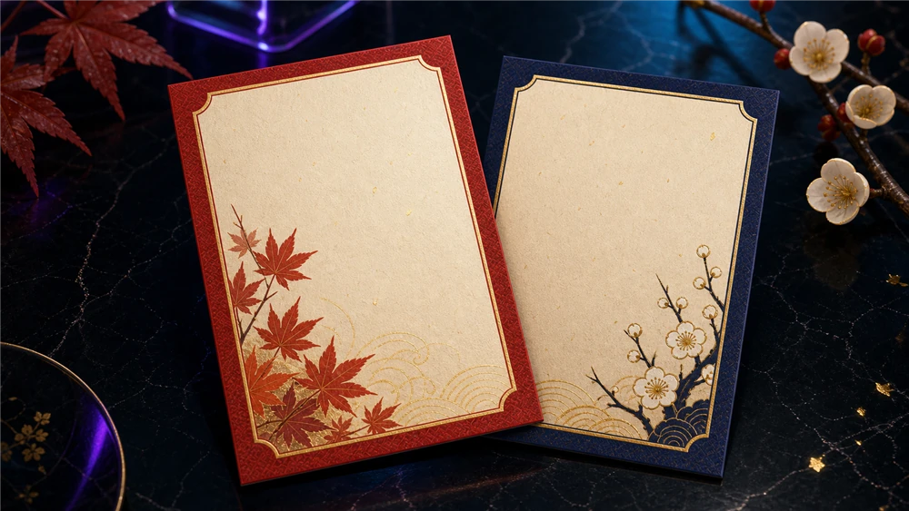 紅葉と梅が描かれた二枚の百人一首かるた札