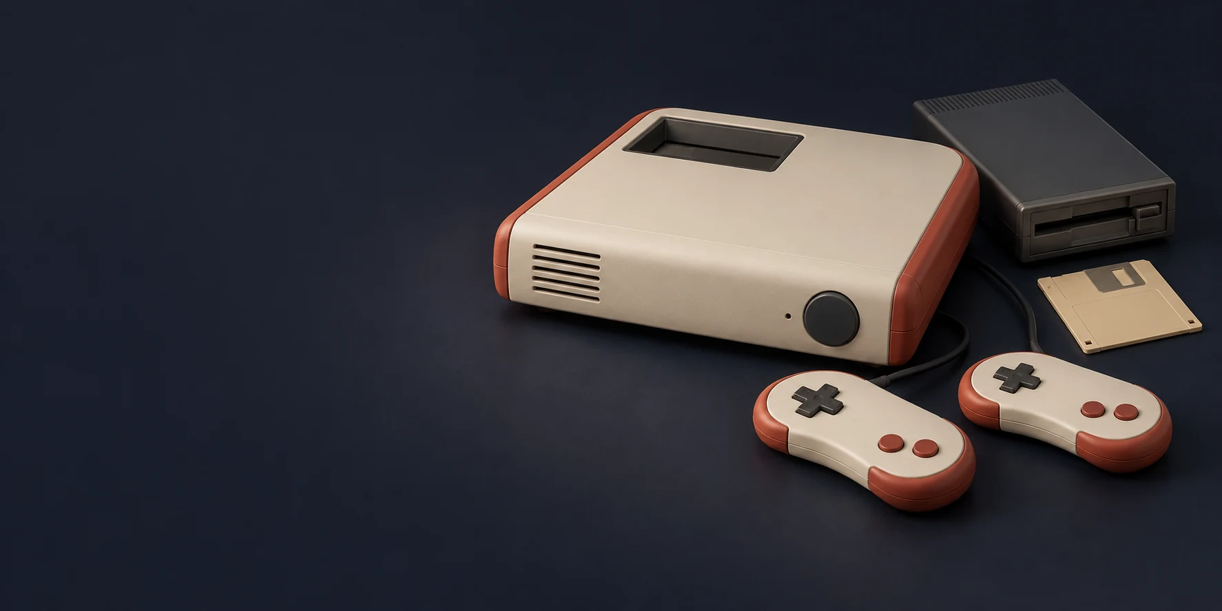 ロゴのないオリジナルのレトロゲーム機、コントローラー、ディスクドライブ
