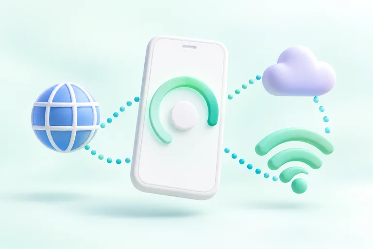 スマートフォンとインターネットをつなぐミント色の通信イラスト